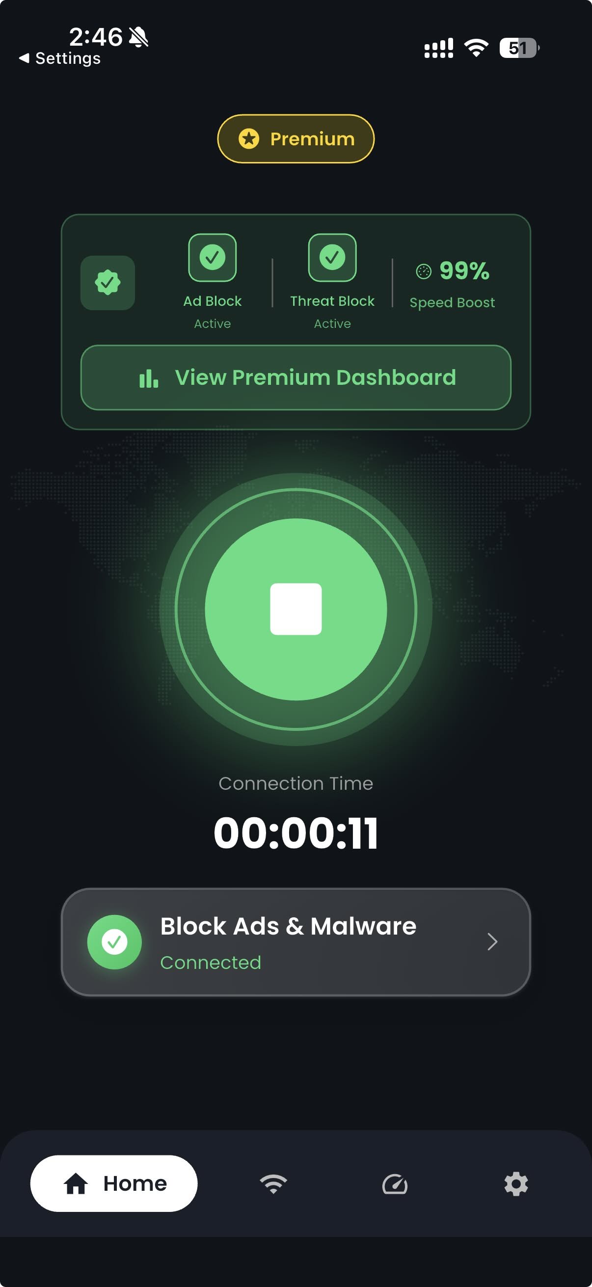 DNS Cloak - Main connection screen