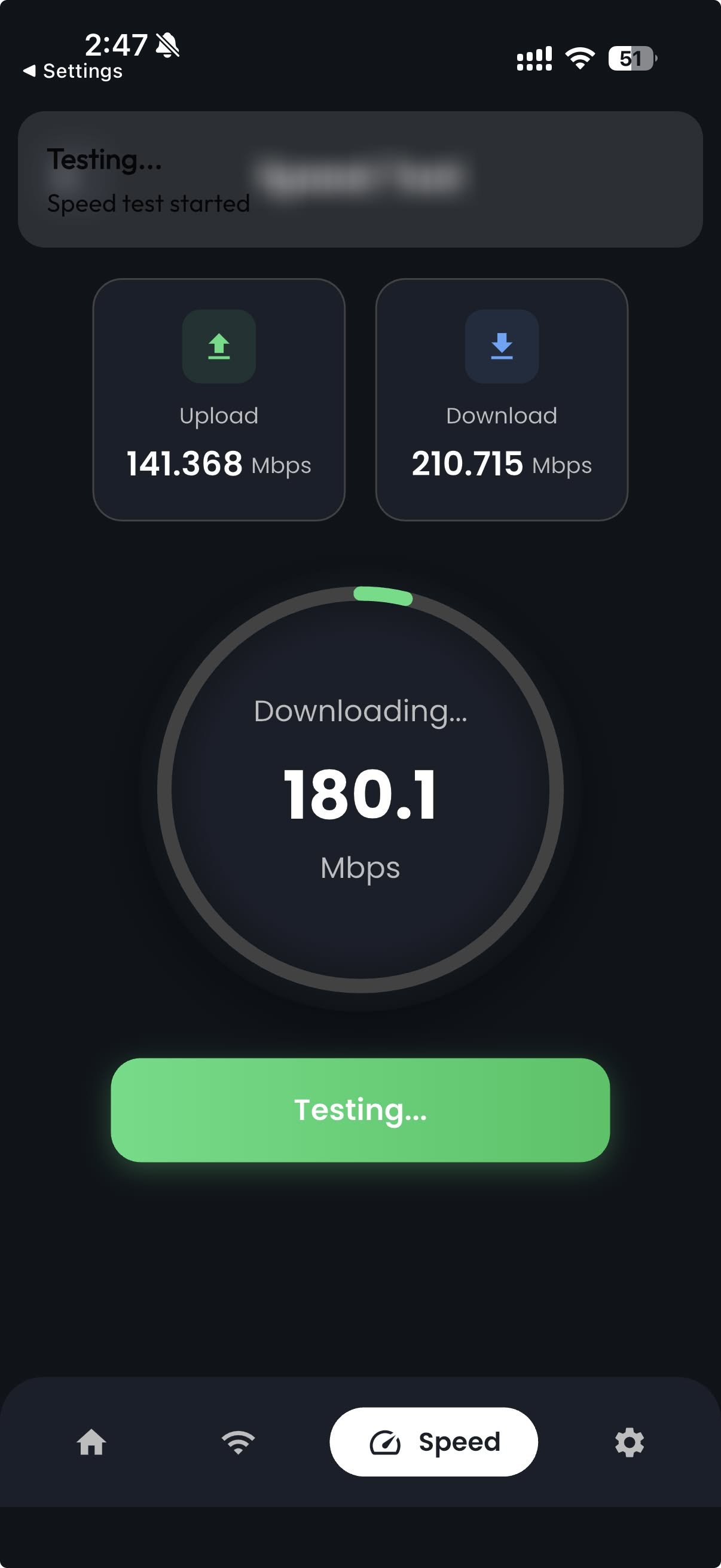 Speed test showing 180 Mbps